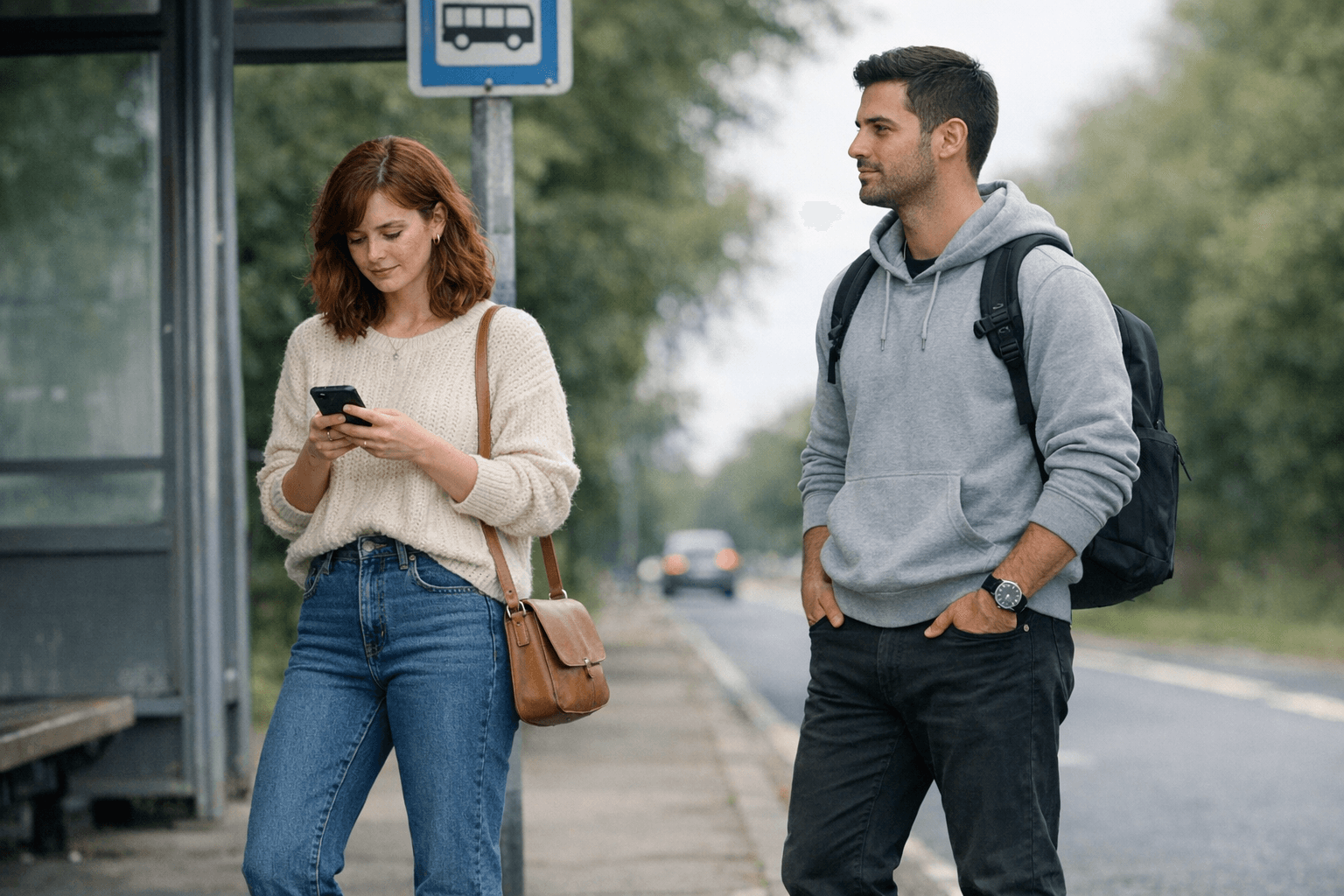 Rosa and Marco are at a bus stop. Rosa looks at her phone to check the time.