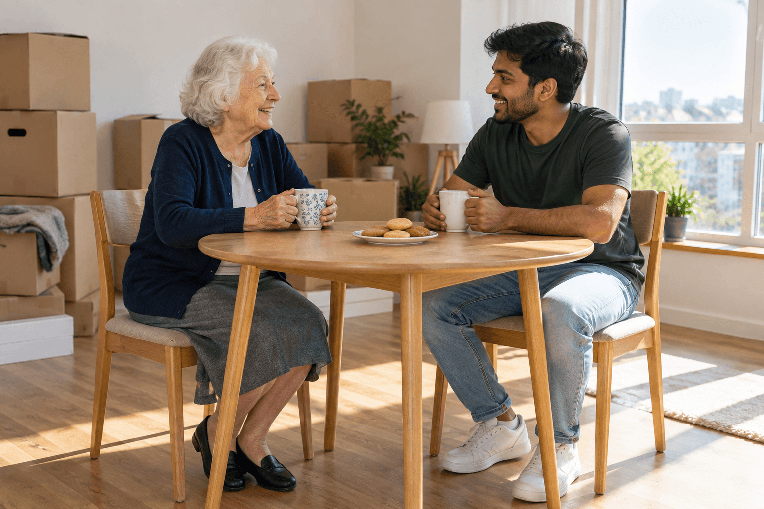 Mrs Green and Ravi are sitting at a table in her new flat with boxes around them. They are drinking tea and eating biscuits.